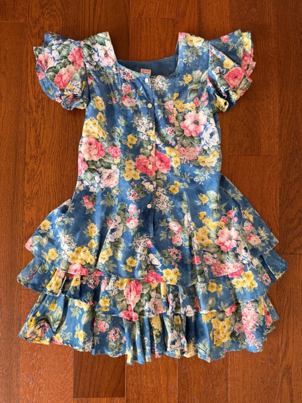 Vintage Floral Print Ruffle Hem Mini Dress XS